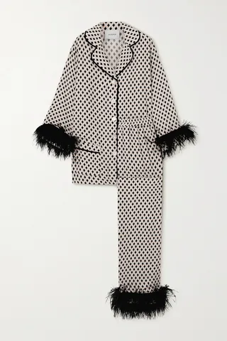 Sleeper - Party Convertible Feather-trimmed Checked Woven Pajama Set - Black