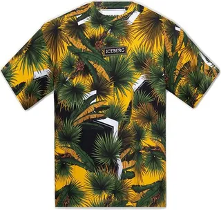 Iceberg Palm Print Logo Patch Crewneck T-Shirt