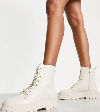 Stradivarius Wide Fit lace up flat ankle boots in ecru