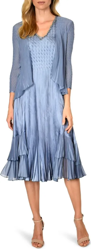 Beaded V-Neck Charmeuse Dress with Chiffon Jacket