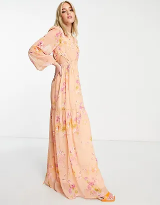 Hope & Ivy cut-out balloon sleeve maxi dress in peach and ochre floral
