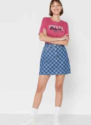 Checked High Waist Denim Skirt