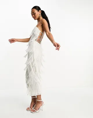 ASOS DESIGN beaded embellished bandeau midi dress in white