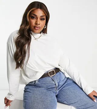 ASOS DESIGN Curve boxy high neck long sleeve T-shirt in ecru