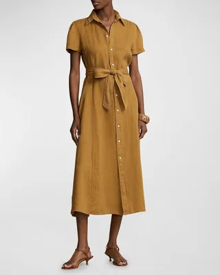 Belted Linen Short-Sleeve Shirtdress