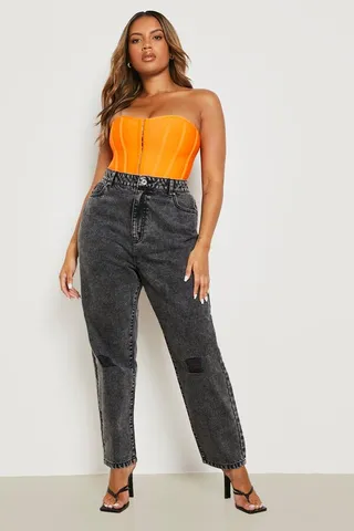 Plus High Rise Acid Wash Ripped Mom Jean