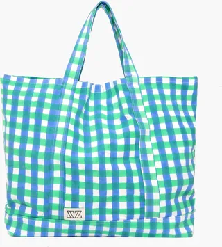 Stem Green and Cornflower Blue Gingham Oversized Tote
