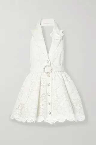Zimmermann - High Tide Belted Embellished Corded Lace Halterneck Mini Dress - Ivory