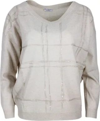 Lightweight V-neck Long-sleeved Oversized Sweater With Window Motif Embellished With Micro-sequins In Cashmere Blend