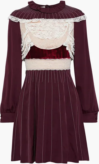 Velvet-trimmed Chantilly lace-paneled silk-jersey mini dress