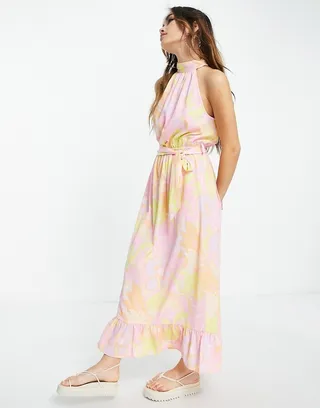 ASOS DESIGN halter neck maxi skater dress with a belt in large pink floral