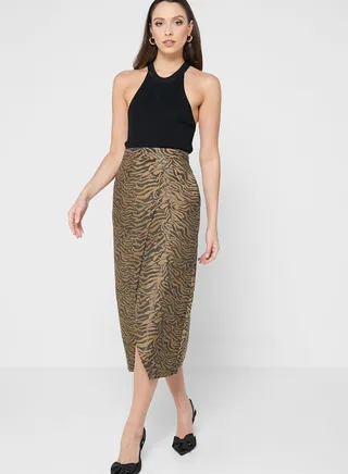 Pleated Wrap Midi Skirt