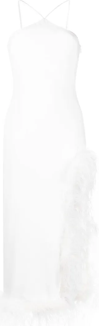 White Cadillac Feather Trim Midi Dress