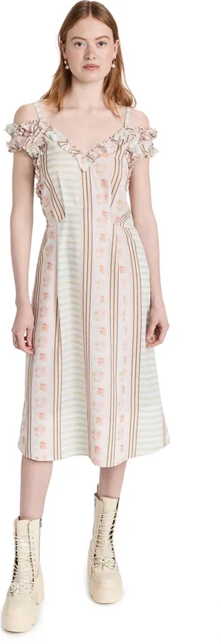 Simone Rocha Off Shoulder Sleeveless Midi Dress with Frill & Tie