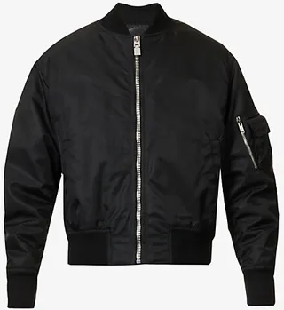 Mens Black Padded Stand-collar Boxy-fit Shell Bomber Jacket