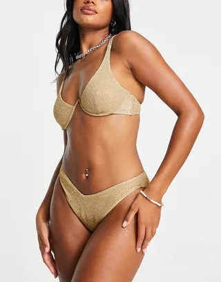 ASOS DESIGN mix and match v front high leg hipster bikini bottom in gold glitter
