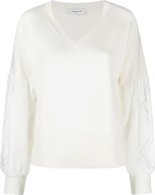 bead-embellished V-neck knitted jumper