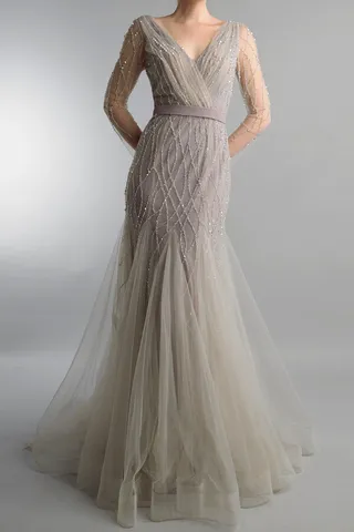 Long Sleeve Beaded Godet Gown