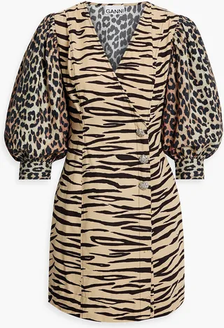 Printed cotton-poplin mini wrap dress