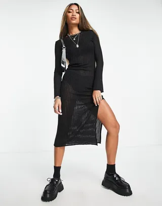 ASOS DESIGN knitted midi dress in open stitch in black