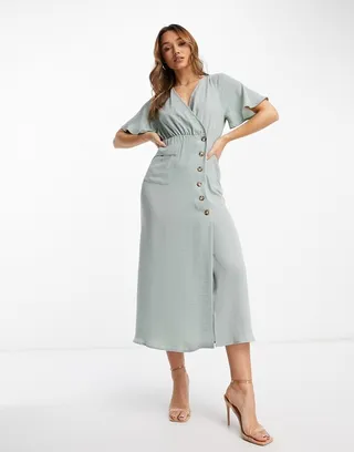 ASOS DESIGN wrap button skirt midi dress with pocket detail in duck egg