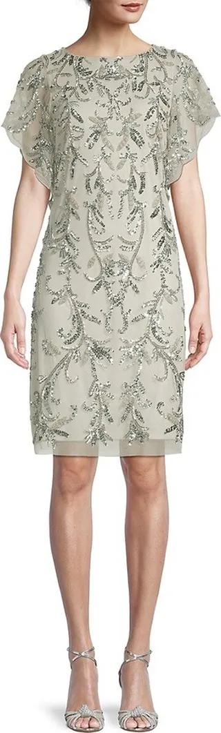 Embellished Flutter-Sleeve Cocktail Dress