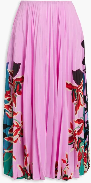 Pleated floral-print silk-chiffon midi skirt