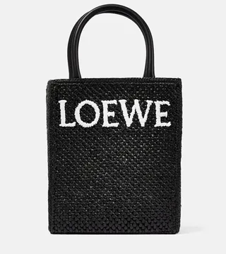 Leather-trimmed raffia tote bag