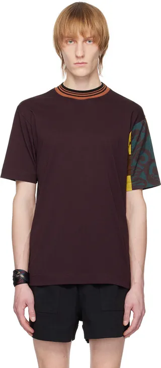 Dries Van Noten Burgundy Patchwork Sleeve T-Shirt
