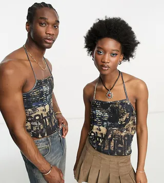 COLLUSION Unisex halter top in abstract print
