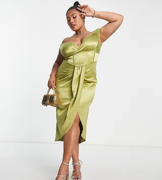 ASOS DESIGN Curve off shoulder corset satin midi dress in olive