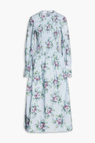 Shirred floral-print organic cotton-poplin midi dress