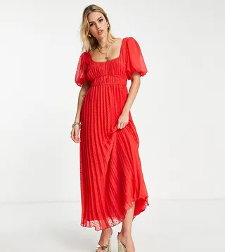 ASOS DESIGN Tall puff sleeve pleated textured midi dress with scallop trim in red