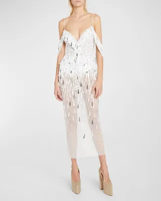 Degrade Beaded Plunging Tulle Midi Dress