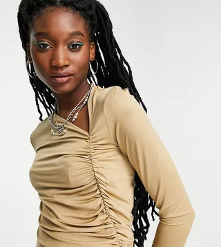 Weekday Isia exclusive asymmetric drape long sleeve top in beige