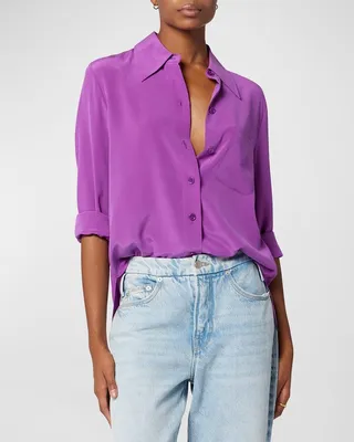 Quinne Spread-Collar Button-Down Silk Shirt