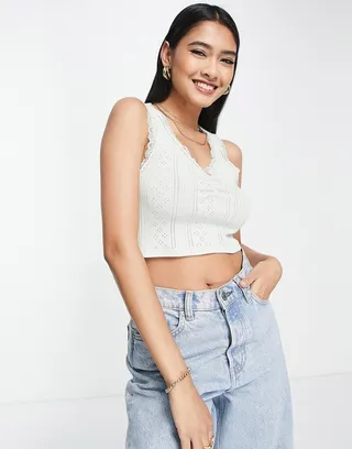 ASOS DESIGN pointelle tank top with lace trim and rose detail in sage