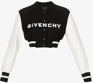 Womens Black White Varsity Logo-embellished Cropped Wool-blend Jacket