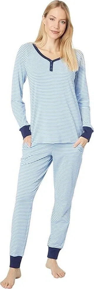 L.L.Bean Super Soft Shrink-Free Lounge Set Stripe (Arctic Blue Stripe) Women's Pajama Sets