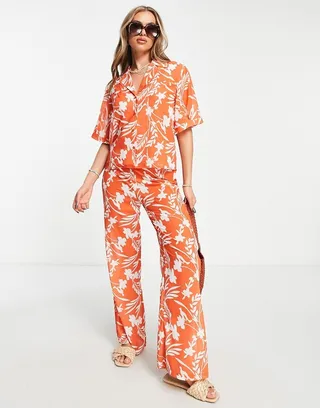 Unique 21 beach shirt and wide leg pants set in orange