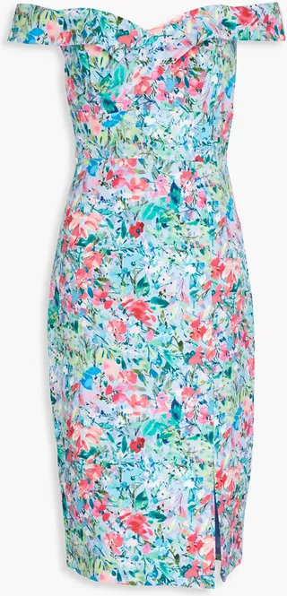 Off-the-shoulder wrap-effect floral-print crepe dress