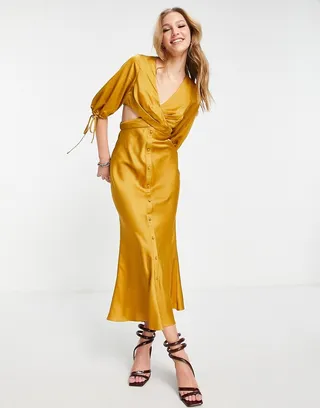 ASOS DESIGN satin midi dress with pleated waist detail and button front