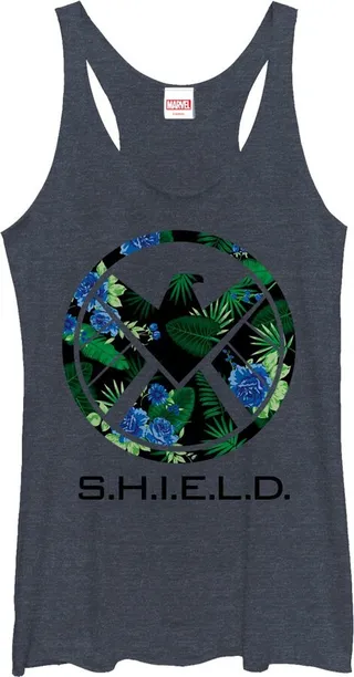 Women's Marvel S.H.I.E.L.D Tropical Print Logo Racerback Tank Top - Navy Blue Heather - Large