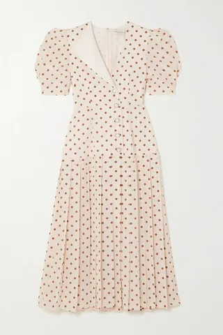 Alessandra Rich - Button-embellished Pleated Polka-dot Silk Midi Dress - Neutrals