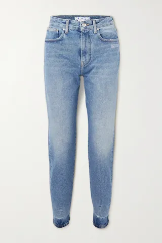 Off-White - Corporate Distressed High-rise Slim-leg Jeans - Blue
