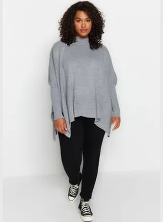 Gray Melange Slit Detailed Knitwear Sweater TBBAW24AN00032