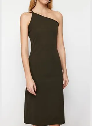 Khaki Strappy Fitted Midi Crepe Knitted Dress TWOSS23EL02303
