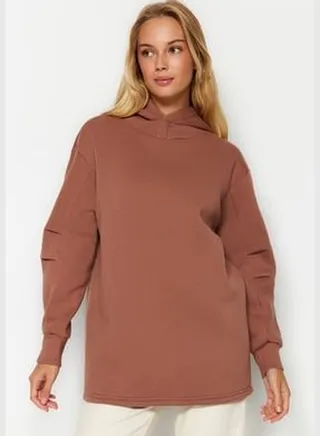 Camel Hooded Thick Knitted Sweatshirt with Fleece/Charcoon TCTAW24TW00020