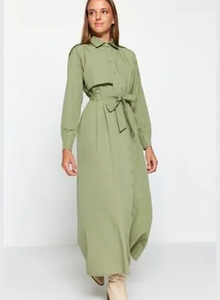 Green Belted Aller Patterned Woven Dress TCTAW24EB00092