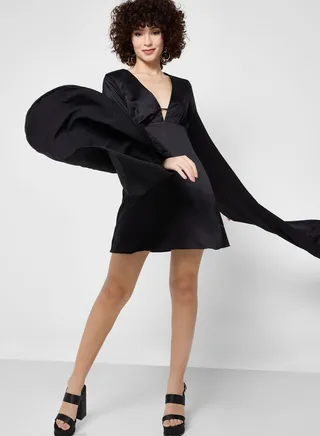 Cape Sleeve Plunge Neck Dress